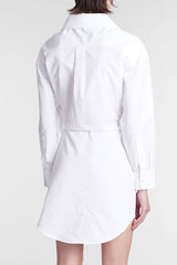 Sparkly Tie Waist Collared Long Sleeve Button Down Mini Shirt Dress - White