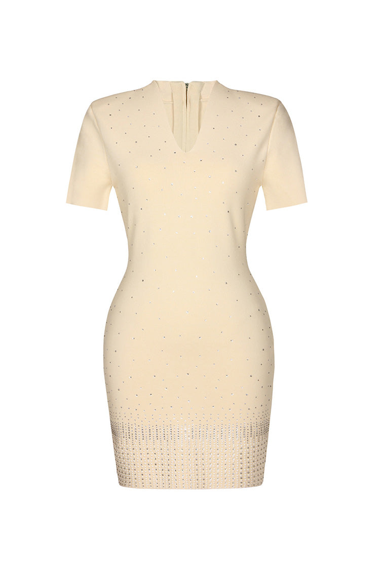 Sparkly V Neck Short Sleeve Rhinestone Beaded Sheath Sweater Mini Dress