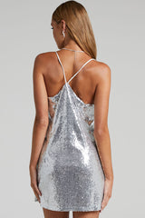 Sparkly V Neck Spaghetti Strap A Line Sequin Party Mini Dress - Silver