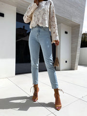 High-Waisted Straight Leg Versatile Denim Trousers For Small Feet