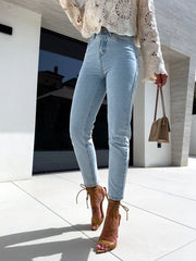 High-Waisted Straight Leg Versatile Denim Trousers For Small Feet