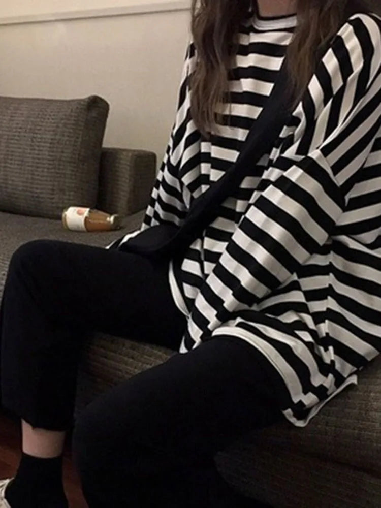 spring Autumn Women harajuku Striped Tshirt Long Sleeve O-Neck T-Shirts ulzzang Korean Casual T Shirt Femme black Tops