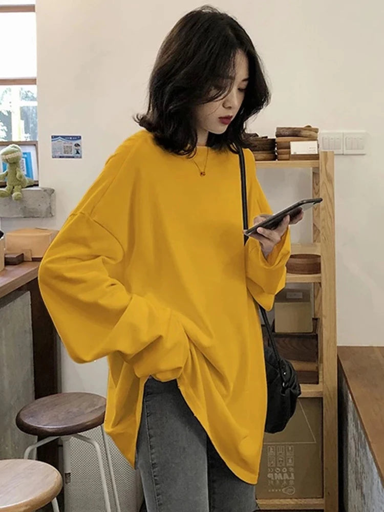 spring autumn Solid Simple tshirt harajuku long T Shirt Women kawaii T-shirts Women 90s White yellow long Sleeve Tops