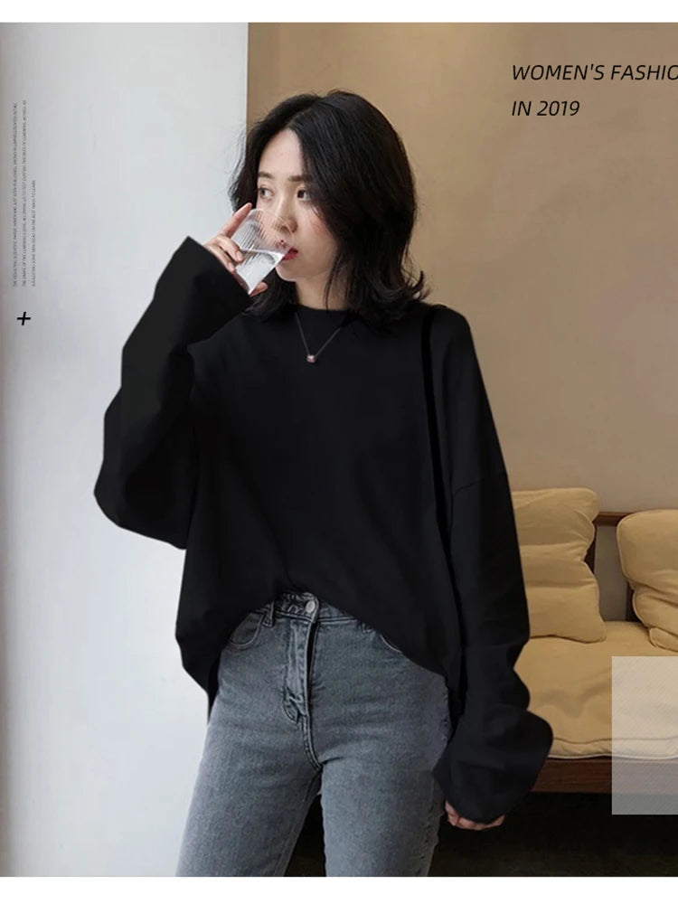 spring autumn Solid Simple tshirt harajuku long T Shirt Women kawaii T-shirts Women 90s White yellow long Sleeve Tops