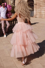 Stunning Off Shoulder Bustier Sheer Corset Layered Tulle Cocktail Midi Dress - Pink