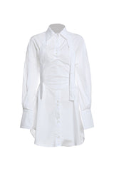 Stylish Halter Belted Collared Button Up Long Sleeve High Low Shirt Dress