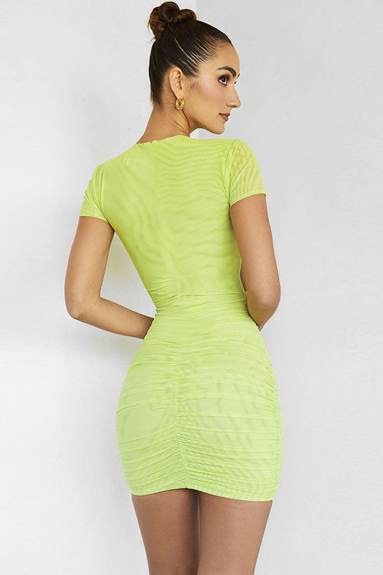 Stylish Short Sleeve Bodycon Ruched Cutout Club Mini Dress - Green