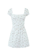 Sweet Bow Bustier Puff Sleeve Lace Up Back Smocked Micro Mini Floral Dress