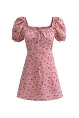 Sweet Bow Tie Square Neck Puff Sleeve Cotton Seersucker Floral Mini Dress