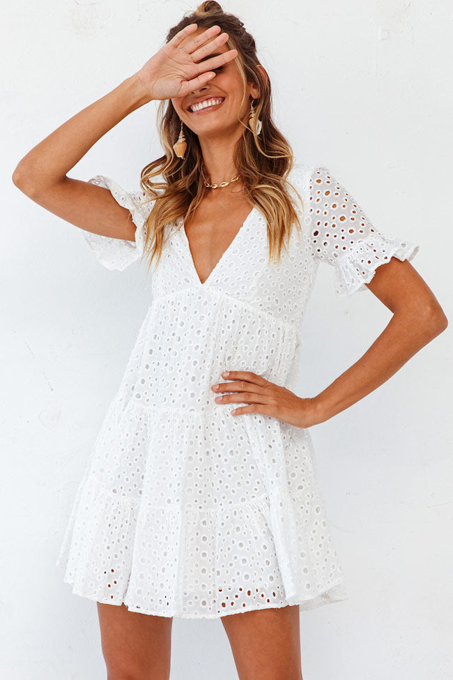 Sweet Broderie Anglaise V Neck Mini Babydoll Dress - White