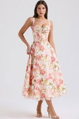 Sweet Floral Print Tie Neck Bustier Corset Tulle Beach Vacation Midi Sundress