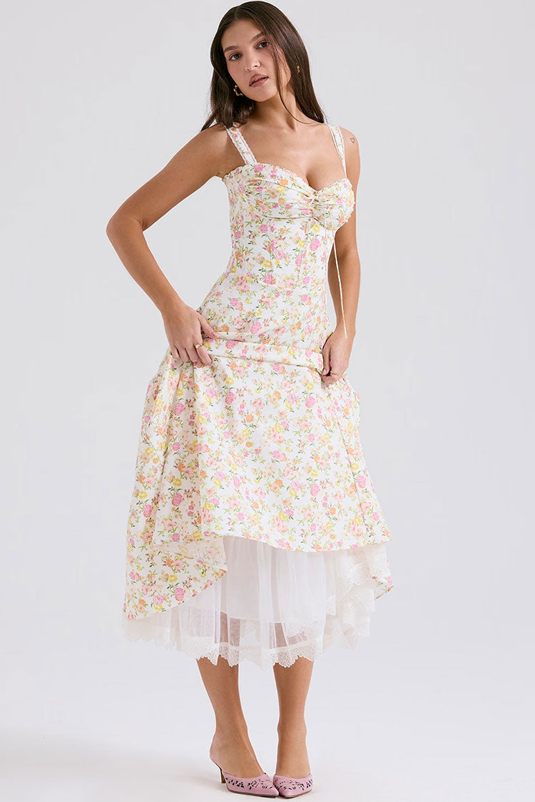 Sweet Floral Print Tie Neck Bustier Corset Tulle Beach Vacation Midi Sundress