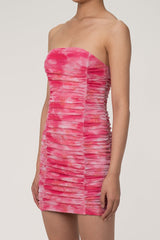 Sweet Floral Tie Dye Print Strapless Ruched Bodycon Mesh Party Mini Dress