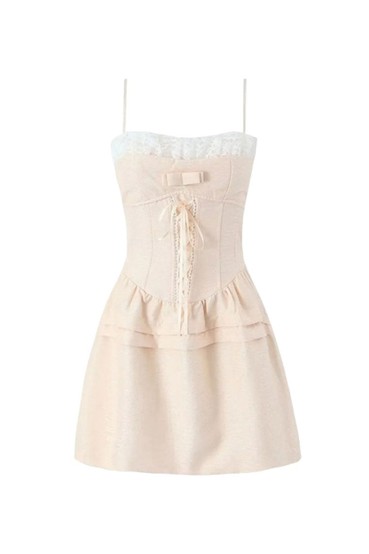 Sweet Layered Lace Sweetheart Bow Front Laced Drop Waist Mini Sundress