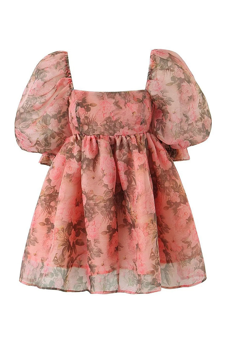 Sweet Printed Square Neck Puff Sleeve Organza Micro Mini Babydoll Dress