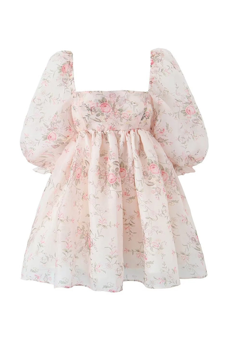 Sweet Printed Square Neck Puff Sleeve Organza Micro Mini Babydoll Dress