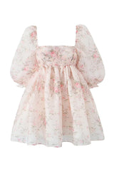 Sweet Printed Square Neck Puff Sleeve Organza Micro Mini Babydoll Dress