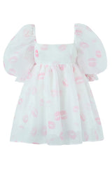 Sweet Printed Square Neck Puff Sleeve Organza Micro Mini Babydoll Dress