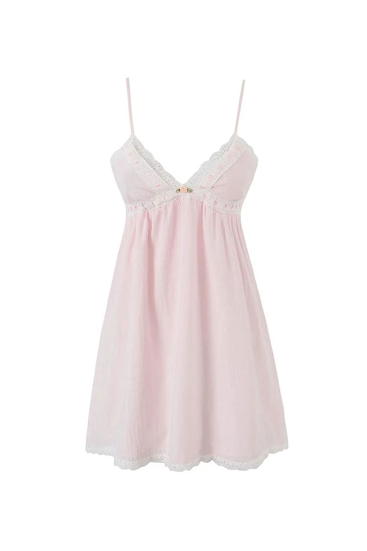 Sweet Scalloped Lace V Neck Spaghetti Strap Bow Tie Babydoll Mini Sundress