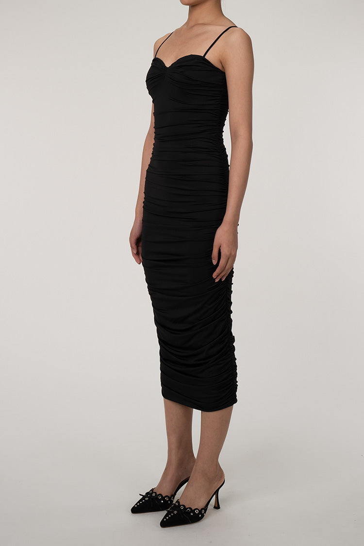 Sweetheart Neck Ruched Midi Cocktail Party Dress - Black