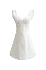 Swingy Scalloped Deep V Frill Trim Cotton Blend Mini Sundress - White