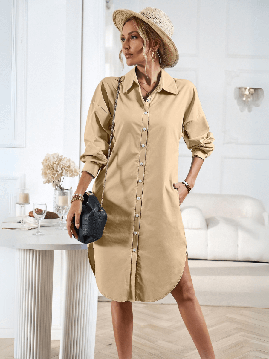 Halia Collared Button Down Midi Shirt Dress - Taupe