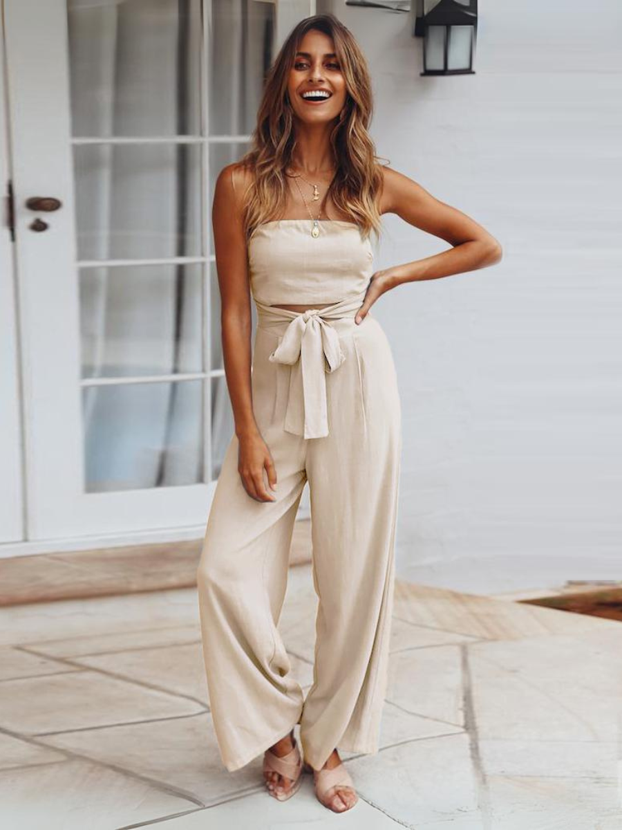 Tammy Strapless Waist Tie Front Jumpsuit - Apricot