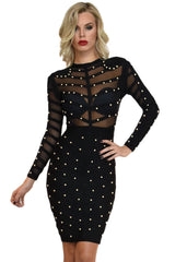 Trendy Studded Long Sleeve Mesh Bandage Cocktail Party Midi Dress - Black