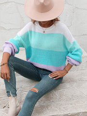 Milton Contrast Striped Pullover Sweater - Turquoise