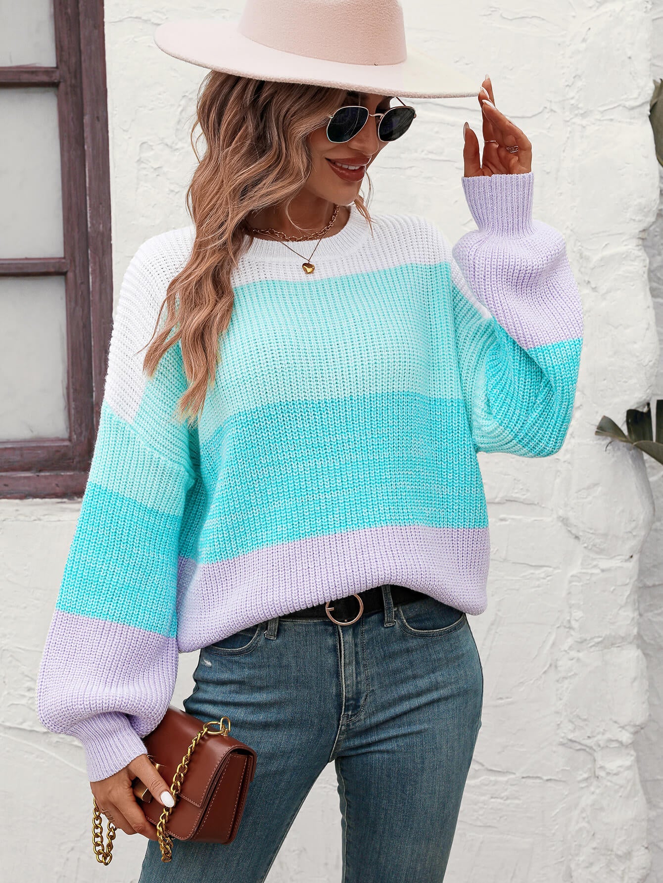 Milton Contrast Striped Pullover Sweater - Turquoise