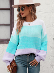 Milton Contrast Striped Pullover Sweater - Turquoise