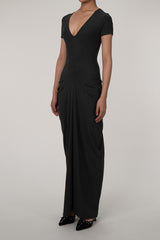 Unique Plunge Short Sleeve Draped Detail Cinch Waist Jersey Maxi Dress