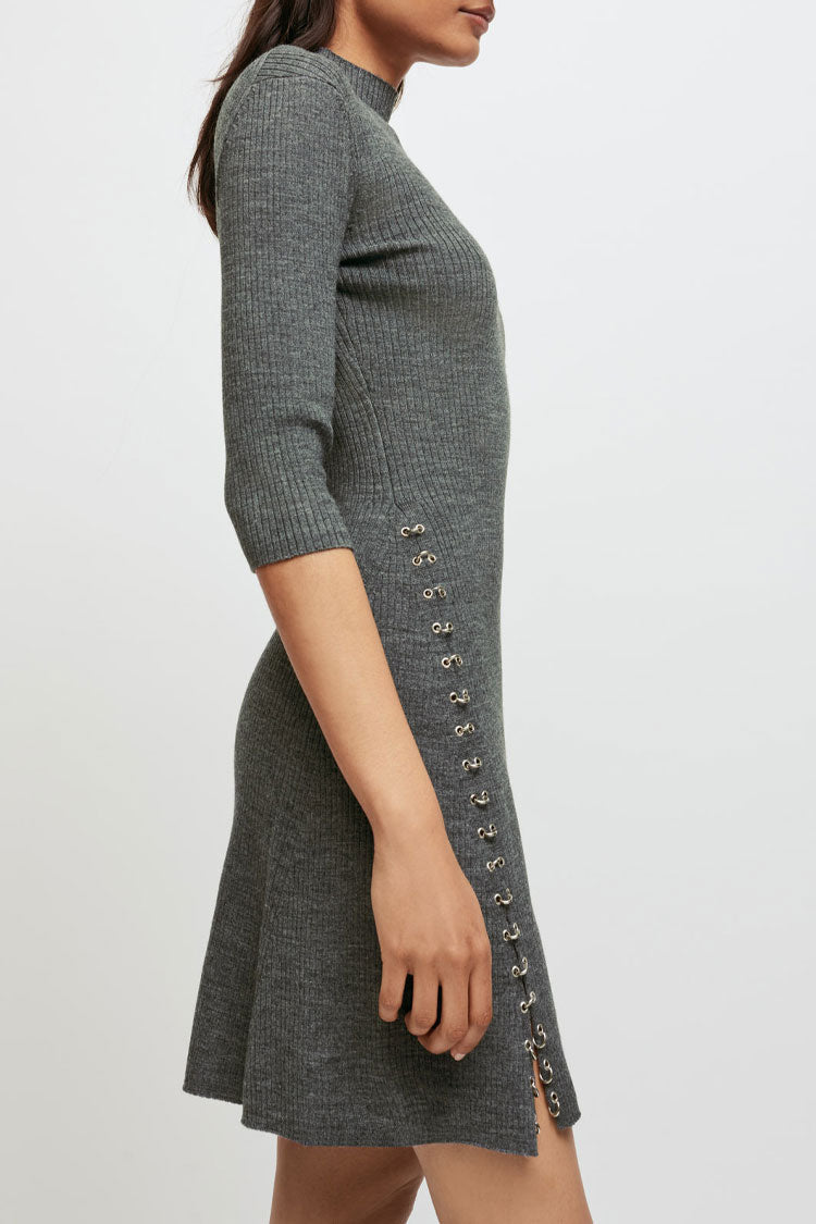 Unique Ring High Neck Winter Cashmere Sweater Mini Dress - Gray