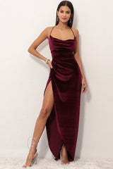 Velvet Cowl Neck High Slit Backless Slip Maxi Dress - Burgundy