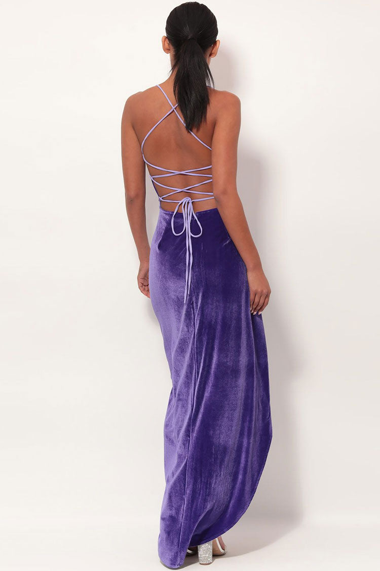 Velvet Cowl Neck High Slit Backless Slip Maxi Dress - Purple