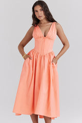 Vibrant Bow Tie Deep V Ruched Drop Waist Pocketed Corset Midi Sundress