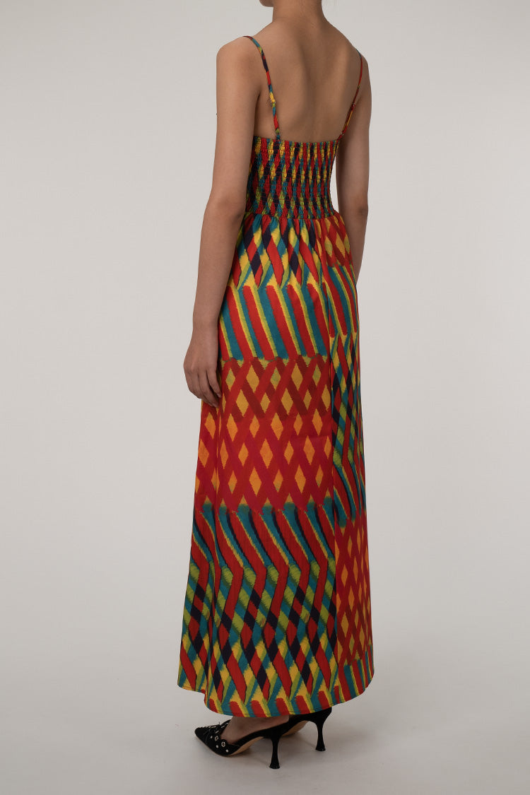 Vibrant Geometric Print Bustier Smocked Beach Vacation Maxi Sundress