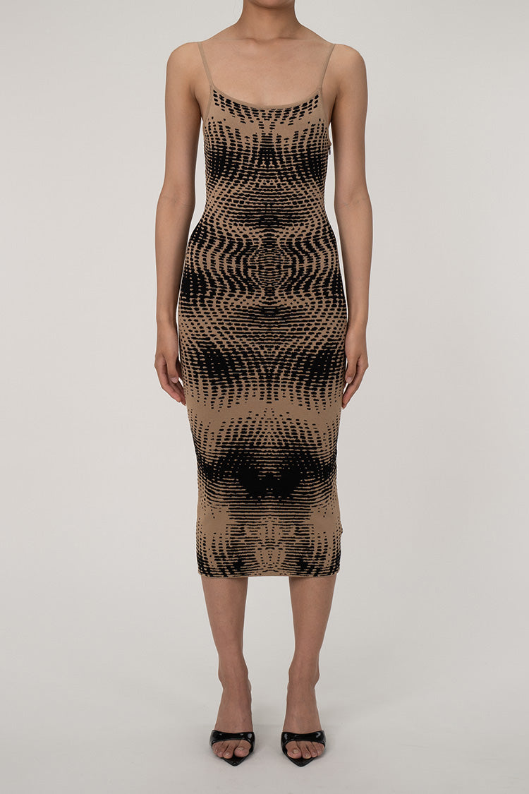 Vintage Abstract Jacquard Pattern Scoop Neck Spaghetti Strap Knit Midi Dress