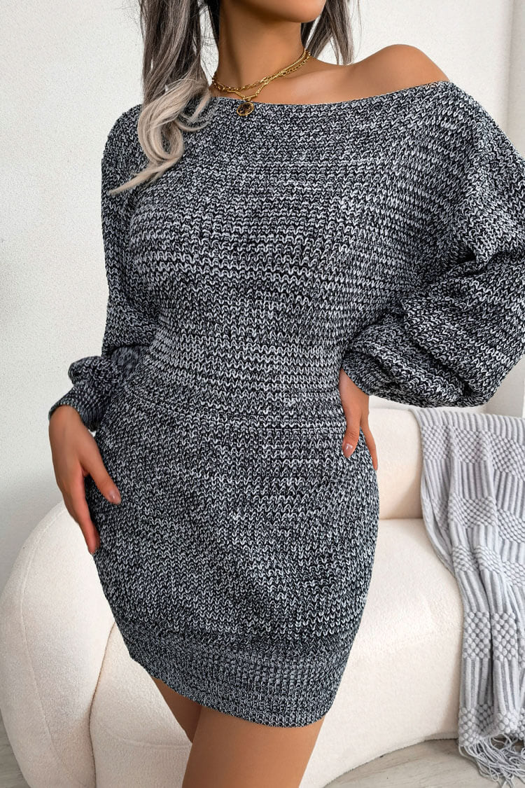 Vintage Boat Neck Long Sleeve Marled Knit Sweater Mini Dress - Black