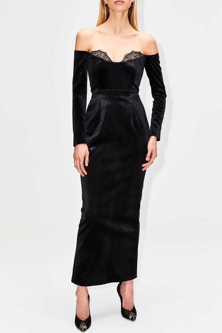 Vintage Eyelash Off Shoulder Long Sleeve Bodycon Velvet Maxi Evening Dress