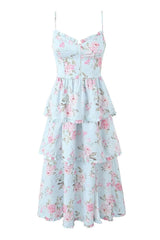 Vintage Floral Print V Neck Spaghetti Strap Ruffle Tiered Midi Sundress