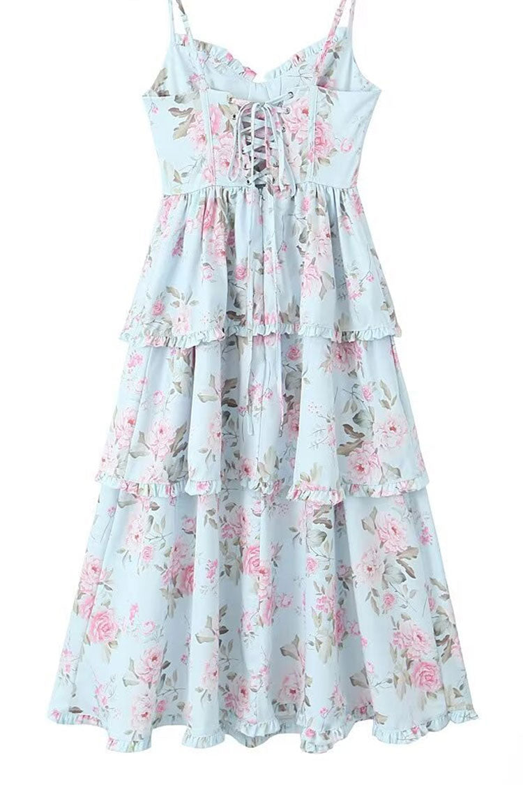 Vintage Floral Print V Neck Spaghetti Strap Ruffle Tiered Midi Sundress