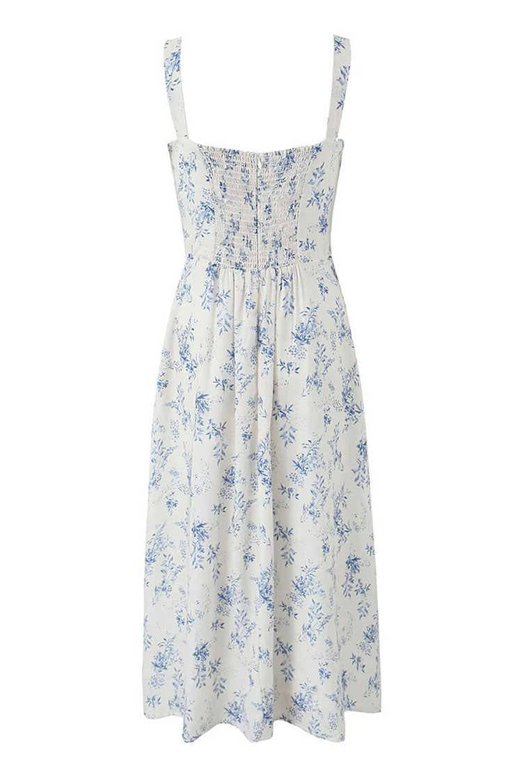 Vintage Floral Printed Suspender Strap Ruched Split Summer Midi Sundress