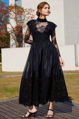 Vintage Mock Neck Sheer Lace Long Sleeve Evening Maxi Dress - Black