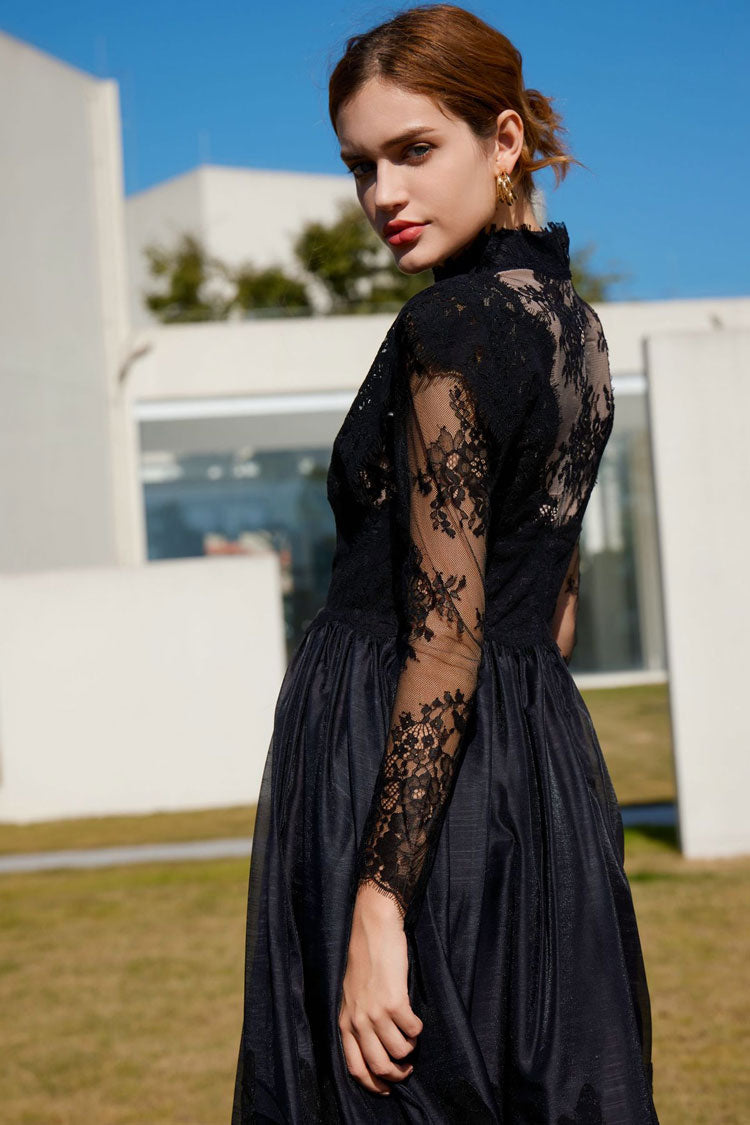 Vintage Mock Neck Sheer Lace Long Sleeve Evening Maxi Dress - Black