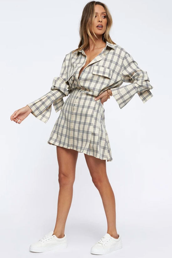 Vintage Plaid Print Long Sleeve Button Down Mini Shirt Dress - Khaki