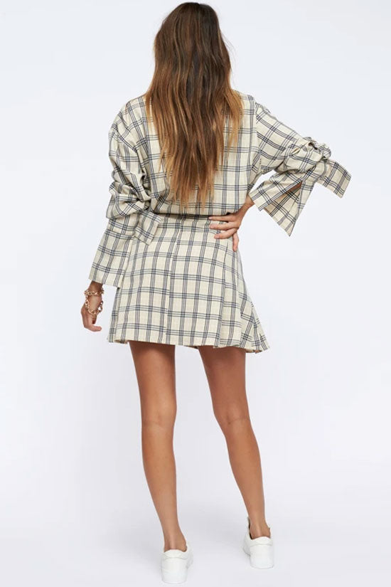 Vintage Plaid Print Long Sleeve Button Down Mini Shirt Dress - Khaki