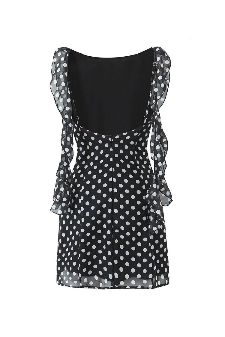 Vintage Polka Dot Crew Neck Draped Ruffle Backless Chiffon Mini Sundress