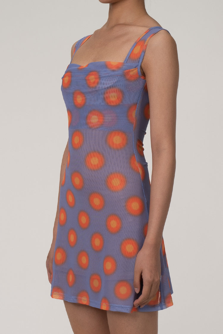 Vintage Polka Dot Draped Square Neck Sleeveless Mesh Mini Party Dress