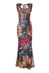 Vintage Print Frayed Scoop Neck Cutout Sleeveless Fishtail Boho Maxi Dress